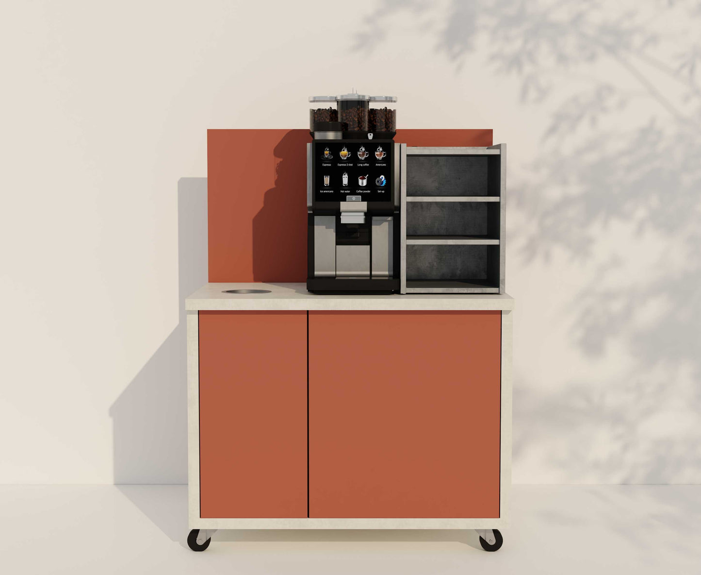 Mobile Kaffeestation mit Kaffeemaschine und Tassenschrank